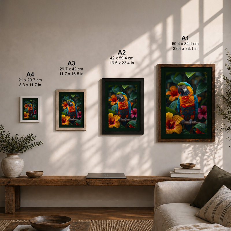 Parrot Among Blooms Tropical - Framed Print, A3 - 42.0 x 29.7 cm, Oak