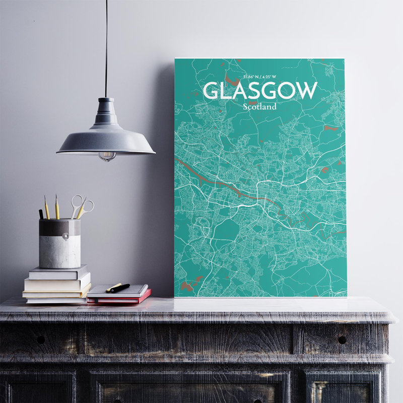 Carte de la ville de Glasgow, impression à l'encre, Vert / brun, H 27,6 po x l 19,7 po