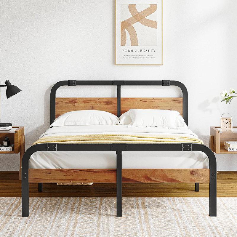 Heavy Duty Bed Frame With Wooden Headboard And Footboard, Queen