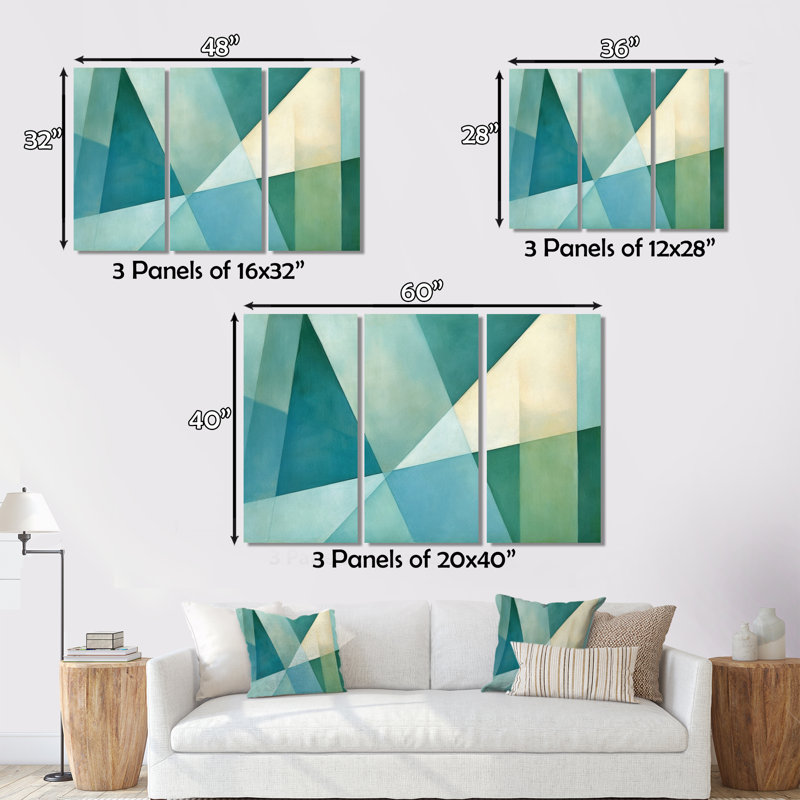 «Green Blue Abstract Geometric Fusion II», impression sur toile tendue 3 pièces, H 28 po x l 36 po x P 1 po