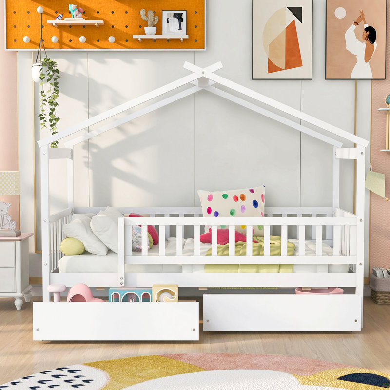 Lit simple en bois avec deux tiroirs, Blanc