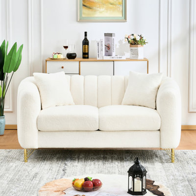 Canapé blanc 2 places en chenille de luxe de 61 pouces avec pieds en métal doré, pour espaces futuristes et chambres contemporaines