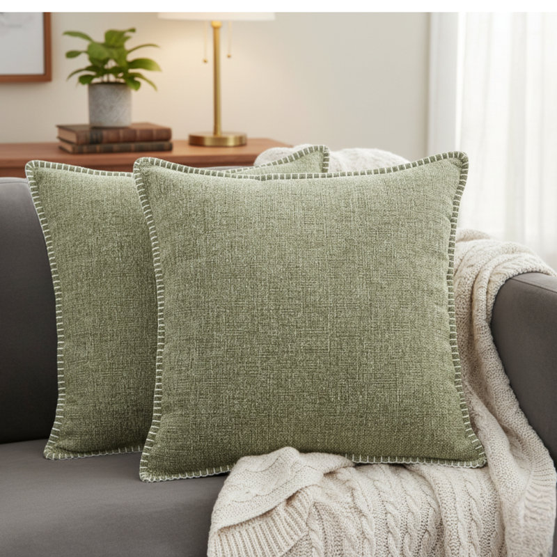 Housses de coussin en chenille douce avec bord cousu, Vert olive, 16 po x 16 po, Avec inserts en polyfill