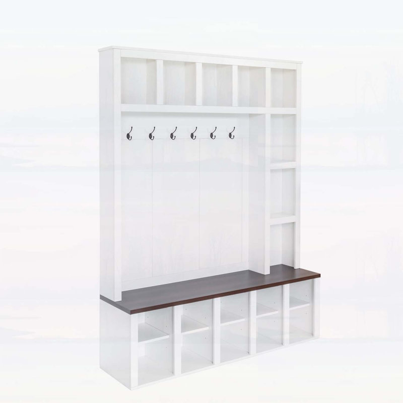 Wooden Hall Tree with 6 Hooks,Storage Bench, Adjustable Shelves,and 4-in-1 Entryway Shoe Cabinet