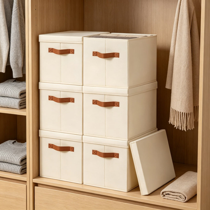 Bacs de rangement avec couvercles, 6 paniers de rangement pliables en tissu pour tablettes, boîtes de rangement empilables avec poignées pour la maison, la chambre de bébé, le dortoir, le placard et le salon