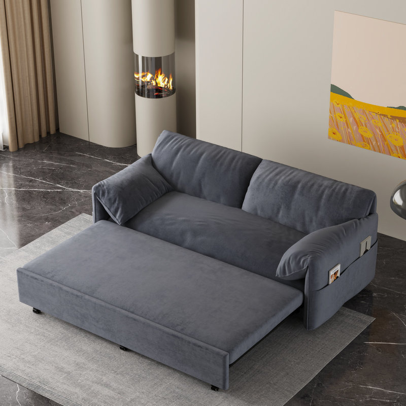 Pull Out Sofa Bed With Side Storage 3-In-1 Convertible Sleeper Sofa Bed Convertible Sofa, Gray Velvet