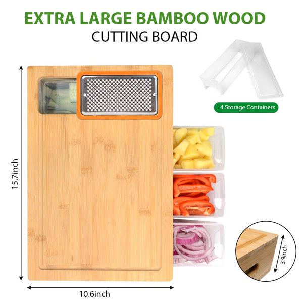 COMELLOW Bamboo Cutting Board with Containers, Lids, and Graters, Large  Wood Cutting Board with Containers, Food Dropping Zone, Carving Board with