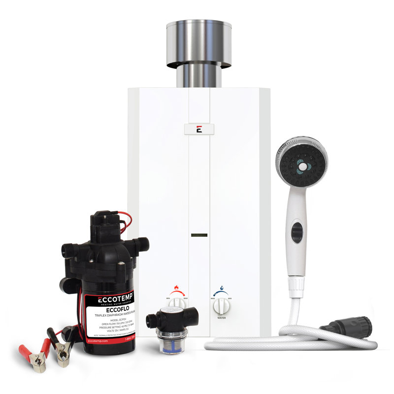 Eccotemp 3.0 GPM Portable Outdoor Tankless Water Heater w/ EccoFlo Diaphragm 12V Pump, Strainer & Shower Set