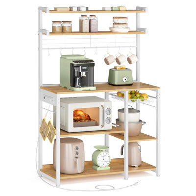 Baker's Rack, Microwave Stand with Wire Basket, 8 Hooks, For Spices, Pots, and Pans, (Golden Oak and Cloud White)