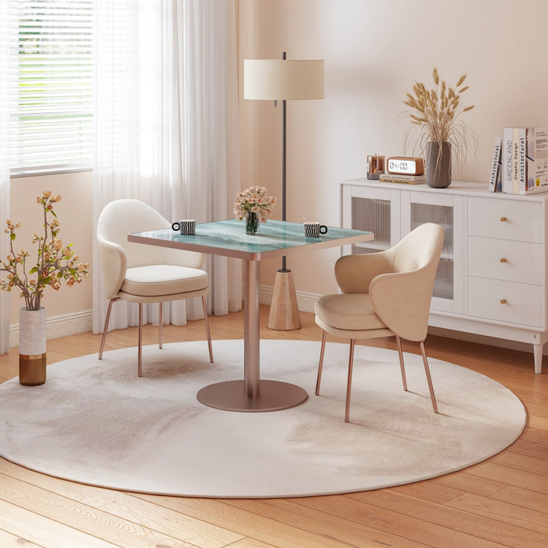 Table de salle à manger carrée 31,5 po avec plateau en pierre frittée et base en acier inoxydable, Rose Gold&Green