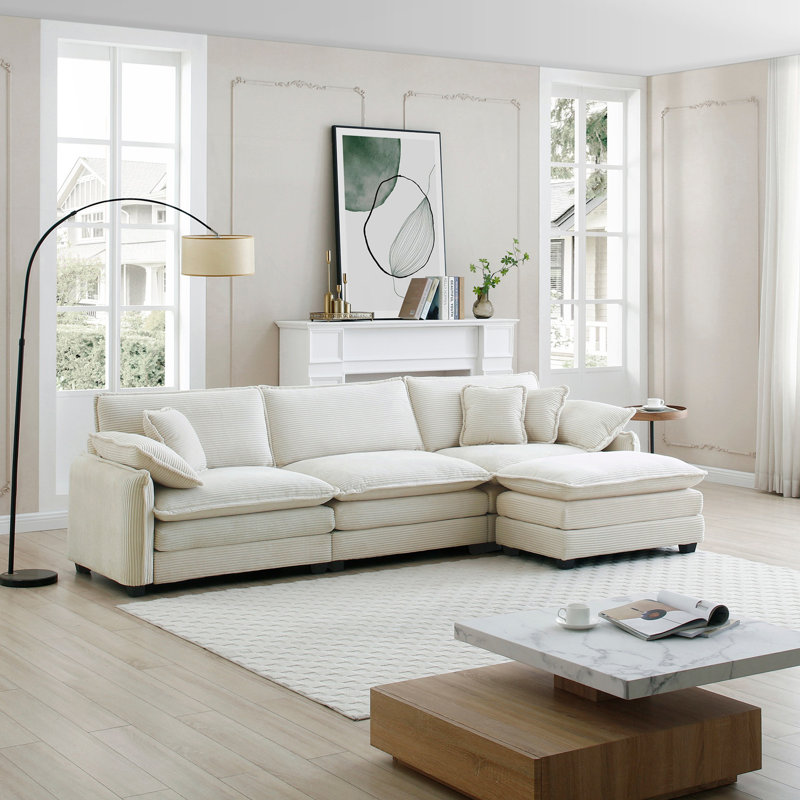 Canapé modulaire surdimensionné à 3 places avec repose-pieds et canapé en L avec repose-pieds, Blanc