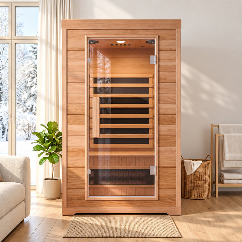 Sauna infrarouge lointain à faible champ électromagnétique pour une personne, sauna de 1760 W avec 6 éléments chauffants, luminothérapie 7 couleurs et bois massif de qualité supérieure, pour une détente et un bien-être optimaux.