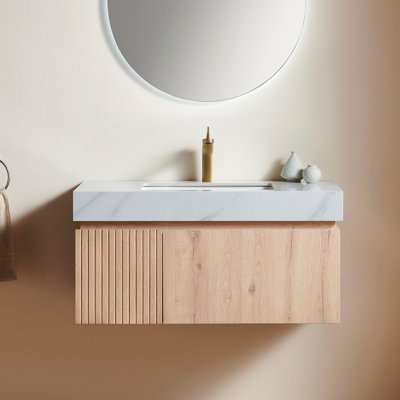 Muri 36" Bathroom Vanity&Sink, Floating Plywood Storage Cabinet With Drawer&Door, Carrara White Sintered Stone Top&Ceramic Basin With 1 Pre-Drilled Faucet Hole, Pre-Assembled, White Oak Woodgrain