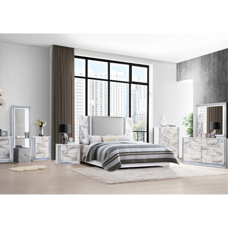 Table de chevet en marbre blanc lune avec DEL, conception moderne et attrayante, accents riches, haute brillance, bois massif et fabrication, 26,46 po de profondeur, 16,88 de largeur, 24,98 de hauteur, 61,99 lb d'apparence élégante,