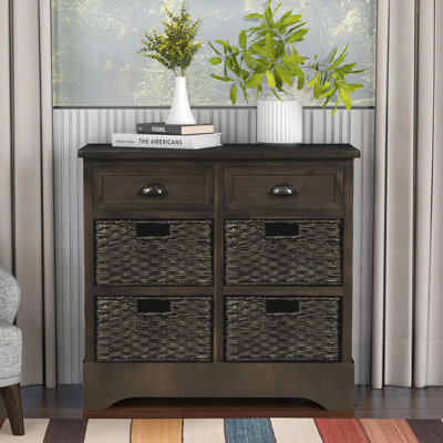 Rustic Storage Cabinet with Two Drawers and Four Classic Rattan Basket
