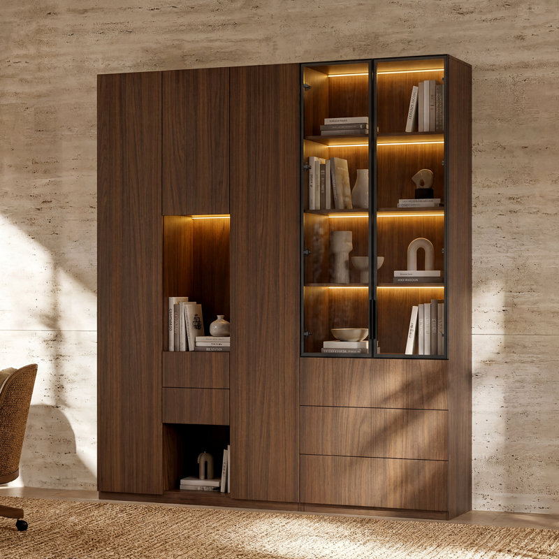 92.5'' H Two-Piece Bookcase With Led Lighting, Brown