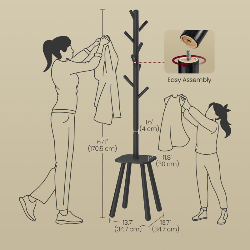 Coat Rack with 8 Hooks and Storage Shelf, Ink Black