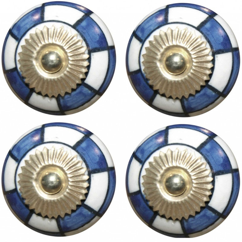 Ensemble de huit poignées de tiroir en céramique géométriques bleues et dorées