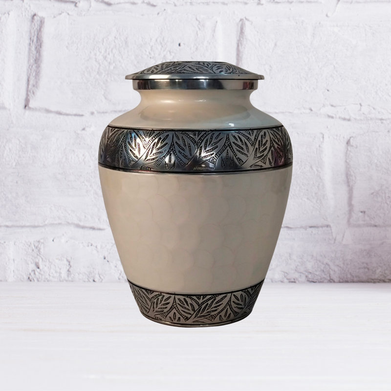 Rishvie Etched Leaves Handcrafted Cremation Urn , White