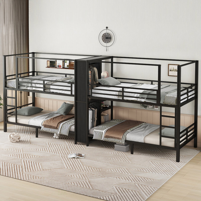 Lit superposé en métal quadruple Ashrita avec tablettes de rangement intégrées, garde-robe et conception à bruit réduit pour une efficacité maximale de l'espace