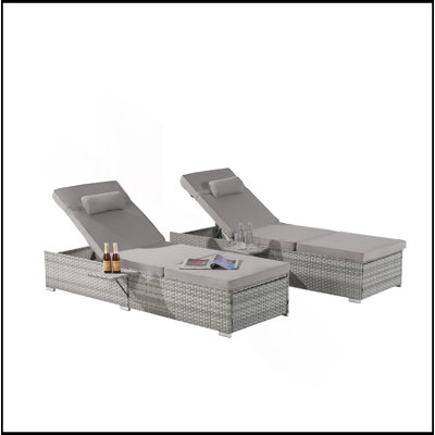 Ensemble de 2 chaises longues d'extérieur avec chaises longues de patio pour l'extérieur, fauteuils inclinables en rotin de plage avec dossier réglable, table, coussin pour le jardin près de la piscine