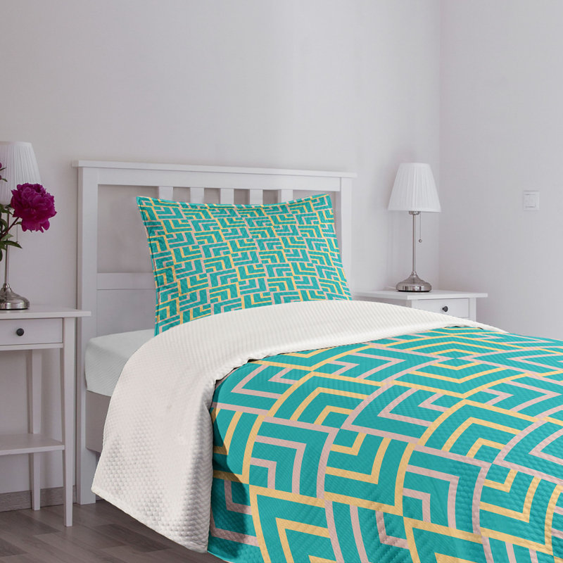 Ambesonne Turquoise Bedspread Set Art Deco Square Lines Turquoise Yellow, Twin Coverlet/Bedspread + 1 Standard Sham