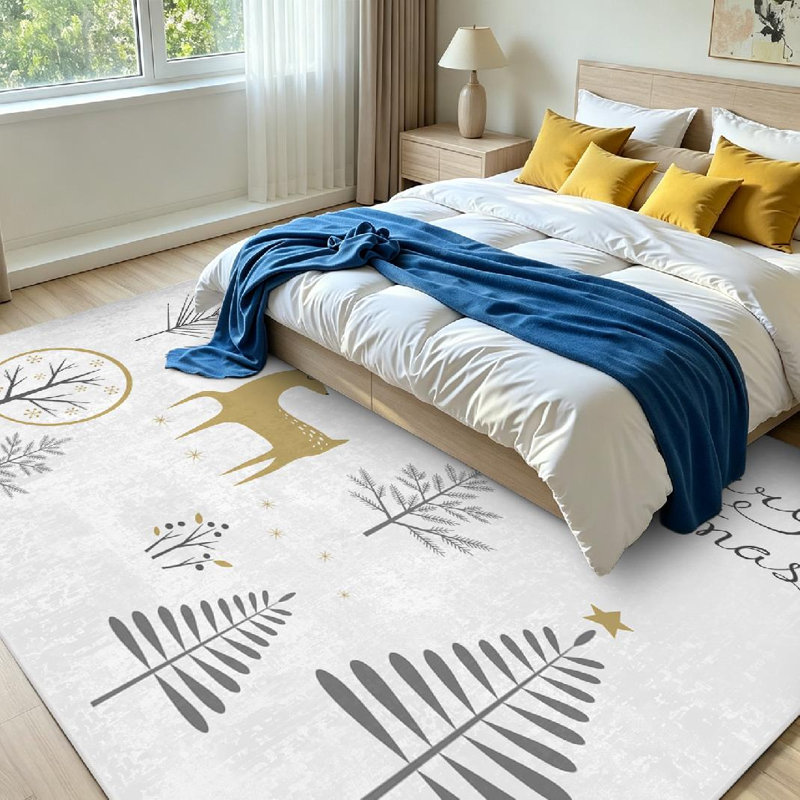 Tapis intérieur doré lavable à la machine, motif forêt de Noël avec cerfs et sapin., Rectangle 71 po x 98 po