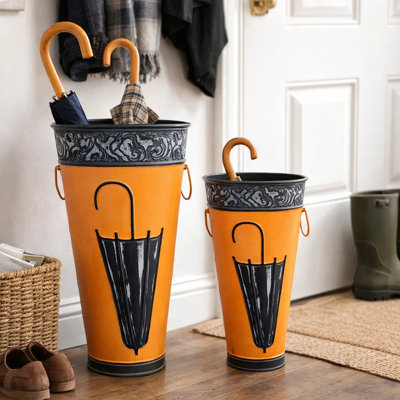 21, 16 Inch Metal Umbrella Stands, Black Engraved Artwork, Set of 2, Orange
