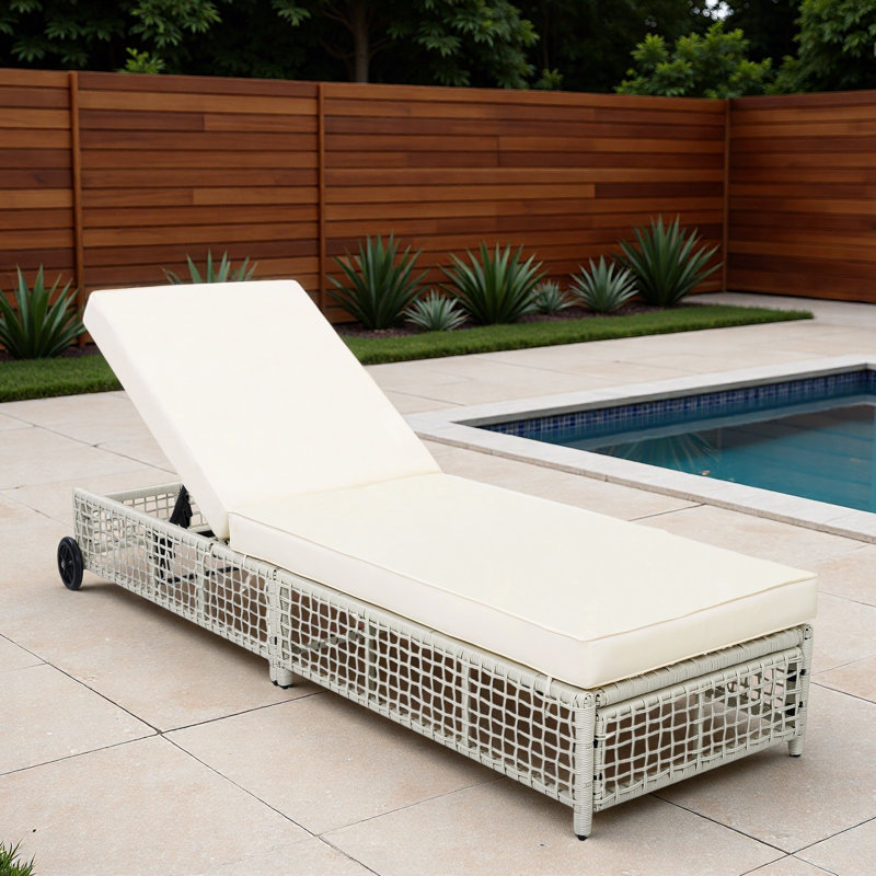 Chaise longue d'extérieur avec dossier à 5 positions, structure en rotin renforcé, repose-pieds réglables et roues mobiles