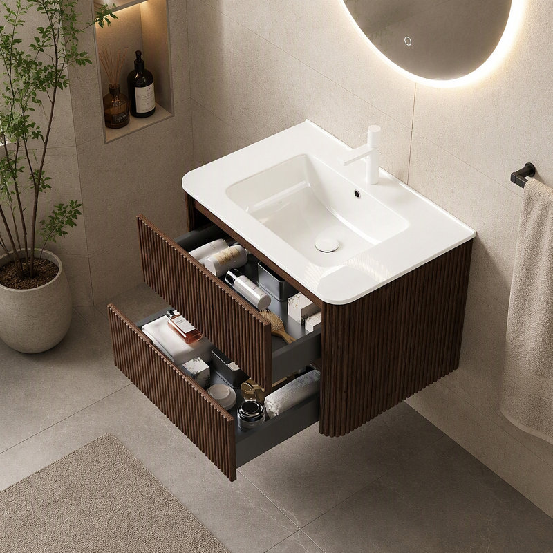Meuble-lavabo 30 po avec lavabo, armoire de rangement murale en contreplaqué flottant avec 2 tiroirs en céramique, sans robinet, pré-assemblé