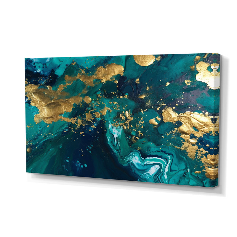 Sarcelle et or liquide Magic II - abstrait, reproduction d'art sur toile
