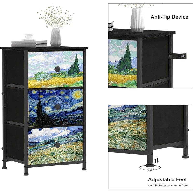 Van Gogh Pattern Black 3-Drawer Dresser with Steel Frame