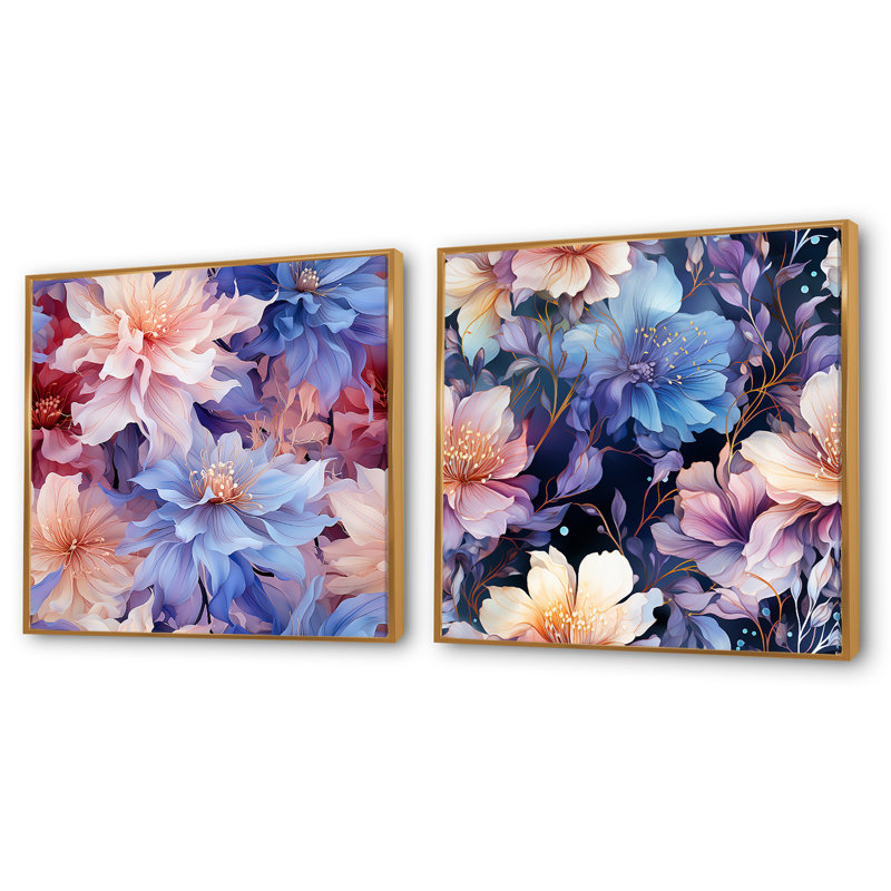 Fondulac - Ensemble de 2 collages carrés floraux, Cadre flottant doré, H 16 po x l 33 po