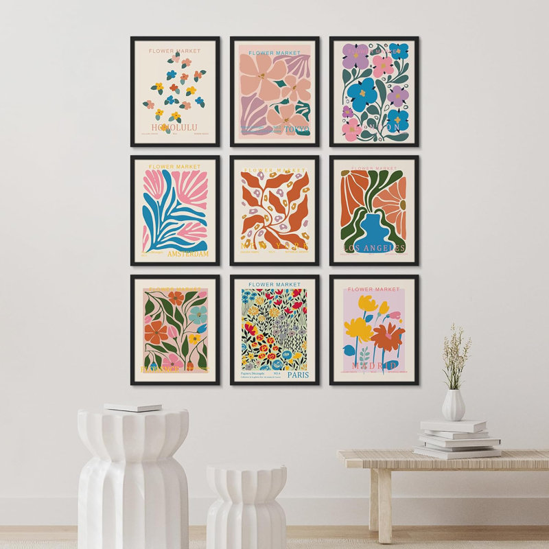 Multicolore, motif de fleurs roses, variété, nature sauvage, calme et bohème encadré sur papier, 9 pièces, Cadre noir
