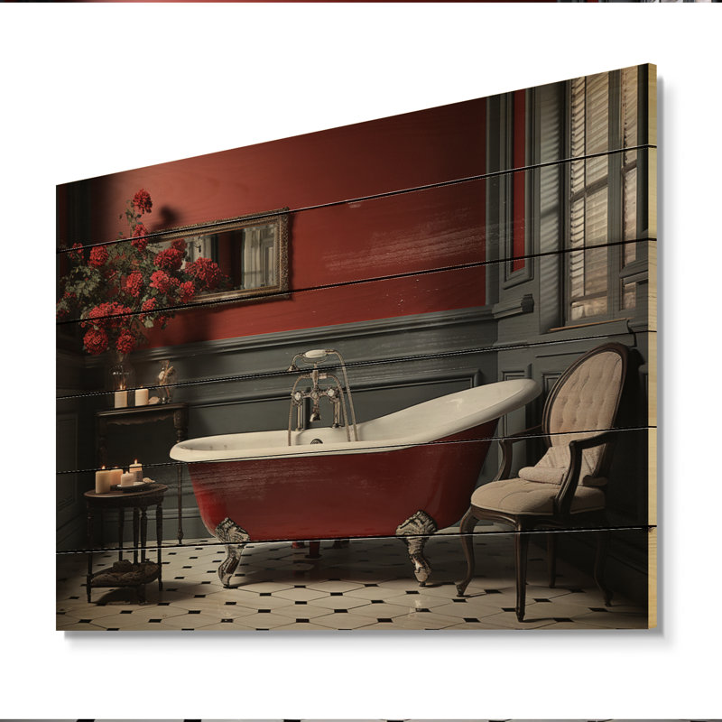Décoration de salle de bain rouge moderne III sur bois, H 24 po x l 32 po x P 0,78 po