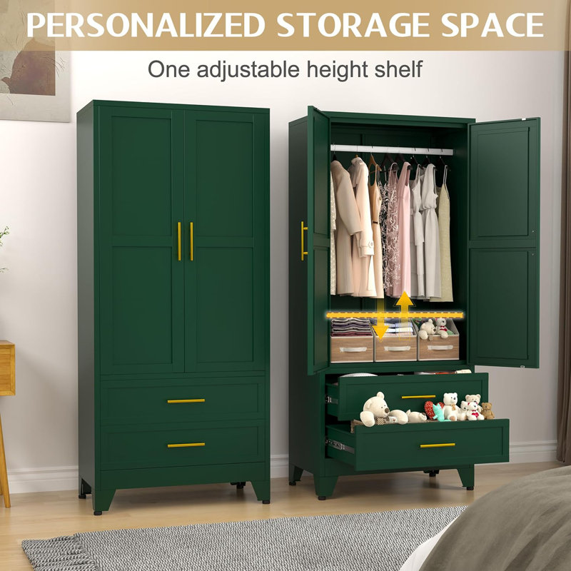 Green Metal Freestanding Wardrobe Armoire with Drawers and Hanging Rod
