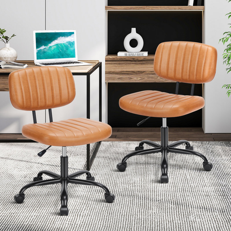 Chaise de bureau sans accoudoir en polyuréthane, chaise de travail pivotante à hauteur réglable avec dossier, Brun