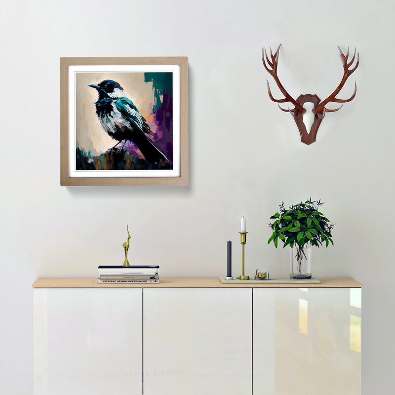 Magpie Palette Knife Painting - Framed Print, Oak