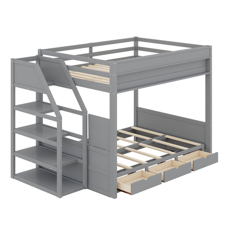 Économiseur d'espace avec lit superposé convertible, escalier de rangement, 3 tiroirs et table de chevet, Gris