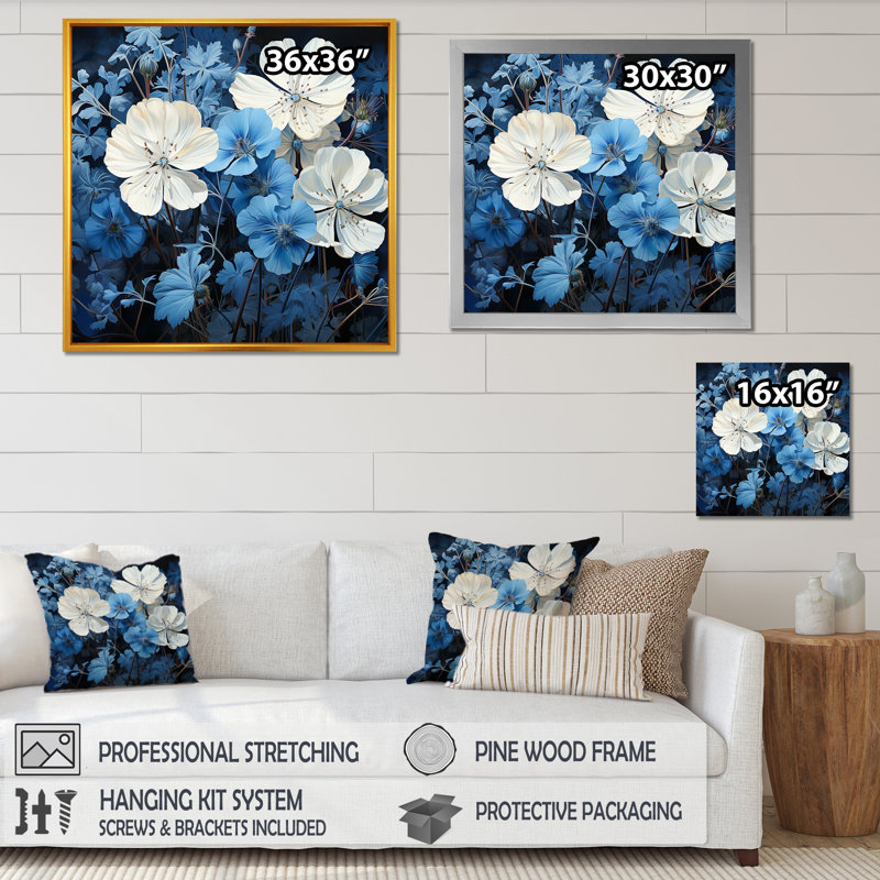 Minimalisme, géraniums bleus et blancs IV sur toile, Cadre flottant doré, H 36 po x l 36 po x P 1,5 po
