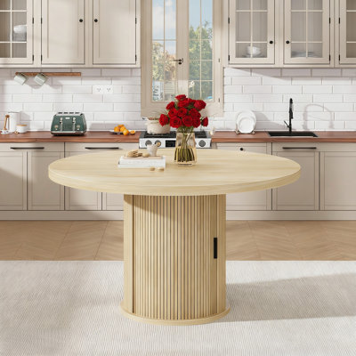 47 Inch Round Dining Table for 4-6, Kitchen Table with 2-Layer Storage Shelf and a Drawer, Farmhouse Circle Dinner Table for Dining Room, Kitchen, Living Room (Table Only)