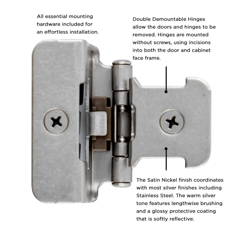 Double Demountable Hinge 1/2" overlay Face Frame Self-Close - Satin Nickel - Cabinet Door Hinges (Set of 20), Satin Nickel