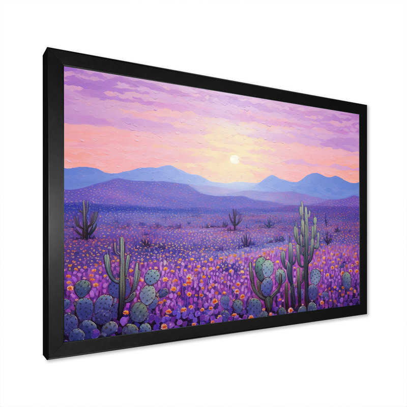 Cactus lavande paysage I sur toile, Cadre simple noir, H 34 po x l 44 po x P 1,5 po