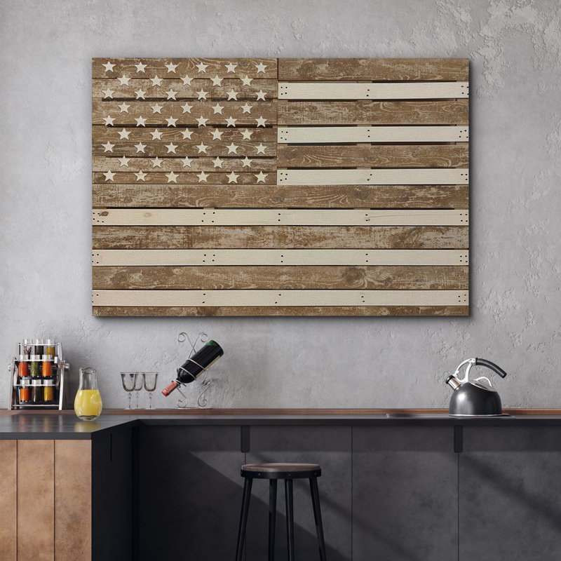 Sepia Brown USA United States Flag Wood Effect Vintage Rustic Decor - Large Canvas Print Wall Art, 32" H x 48" W x 1.5" D
