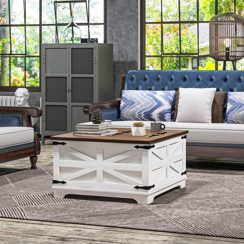 Table basse à plateau rabattable, rangement caché, rangement blanc - blanc, salon