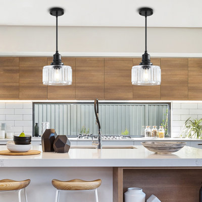 2-Light Vintage Pendant Lights Kitchen Island, Pendant Light Fixtures with White Striped Glass