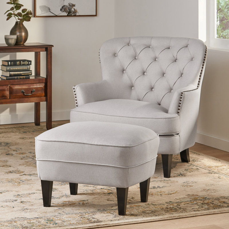 Aviani Upholstered Armchair with Ottoman, Light Gray Fabric