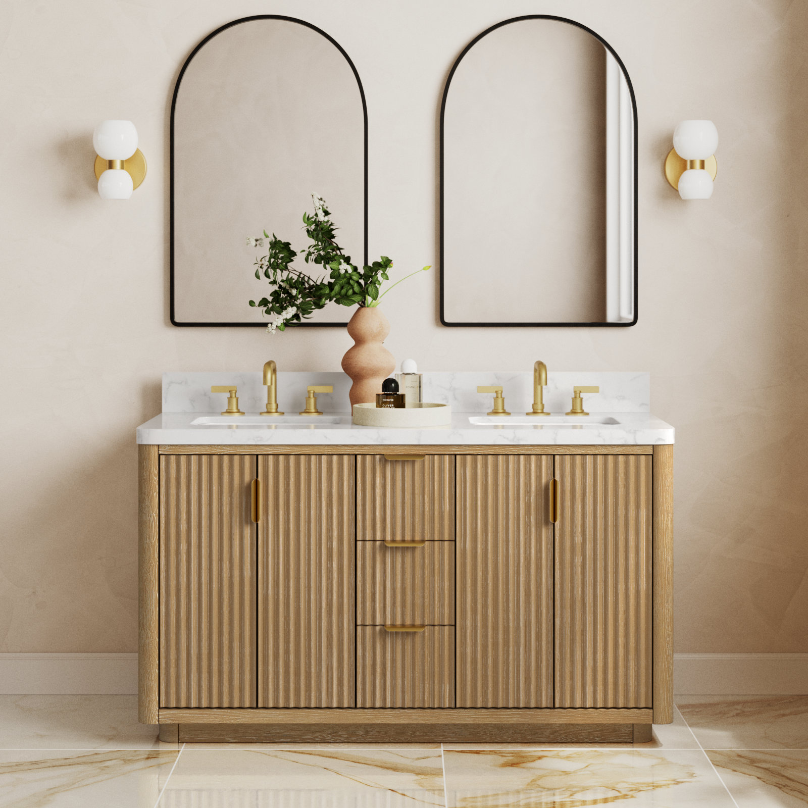 Adela 60'' Double Bathroom Vanity, White, Gold, Brown