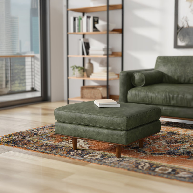 Morrison 33"W Upholstered Ottoman with Solid Wood Legs, Green Genuine Leather