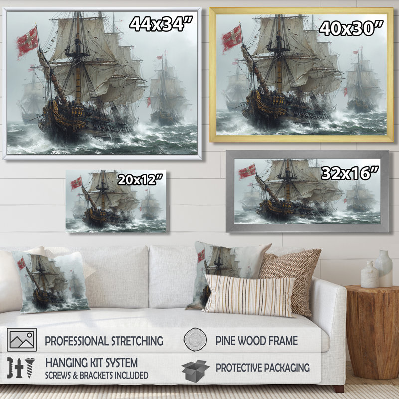 Voilier maritime, expédition «Conquering the Unkown» - bateau, art mural, Toile avec cadre flottant noir